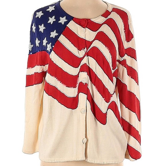 Michael Simon Sweaters - Michael Simon Cardigan American Flag Beaded Sequin Silk Sweater Size Medium VTG